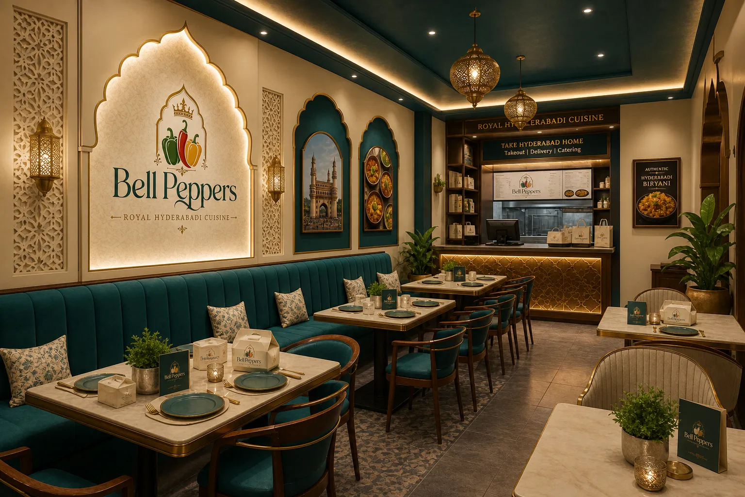 The Bell Peppers dining room: teal banquettes, brass lanterns and a lit Mughal arch bearing the Bell Peppers crest