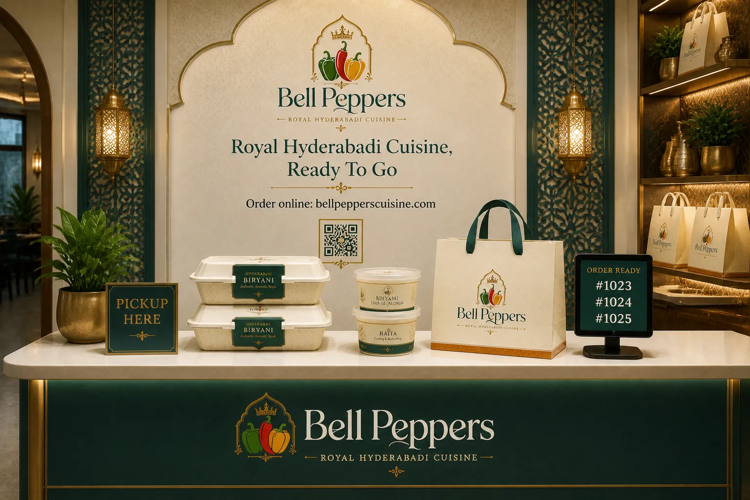 Bell Peppers pickup counter with branded biryani boxes, raita tubs and gift bags