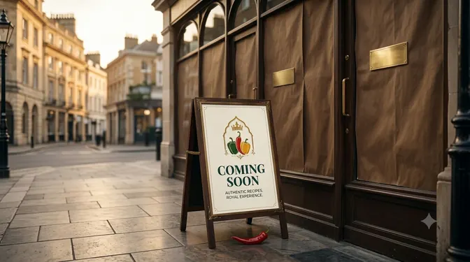 Illustration — a Bell Peppers "Coming Soon" A-board on a quiet street, lettered "Authentic Recipes. Royal Experience."